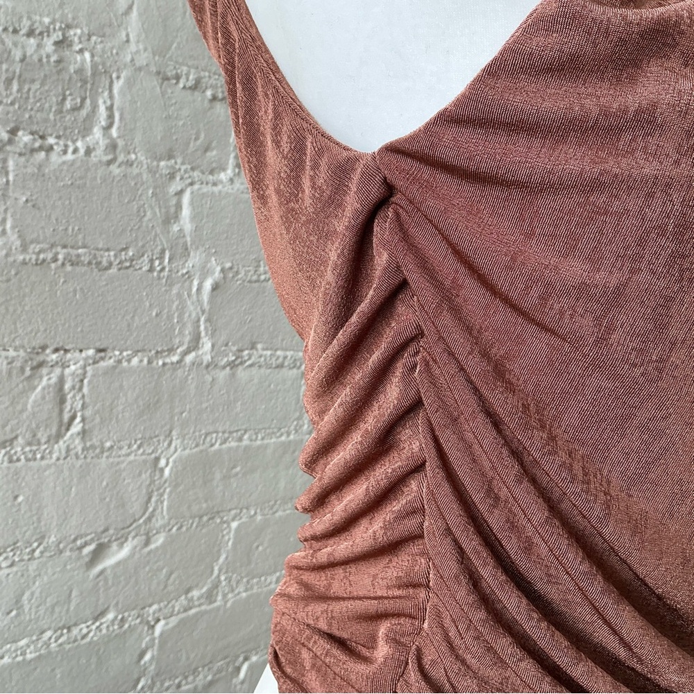 Moa Moa Womens Draped One Shoulder Asymmetric Top Size L Ruched Stretch Brown - Picture 3 of 11